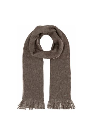 Sciarpa lavorata a maglia marrone con una trama a coste, con estremità frangiate. Presenta un sottile motivo bicolore e un piccolo cartellino con marchio.