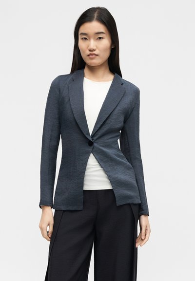 Mlada žena koja nosi tamnosivi sako s jednim gumbom, bijelu majicu i crne hlače širokih nogavica, stoji na jednobojnoj pozadini.