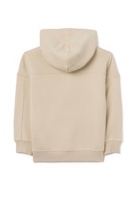Beige hoodie met een kangoeroezak, geribbelde manchetten en zoom. Beschikt over een klassieke trekkoordcapuchon en gladde katoenmixstof.