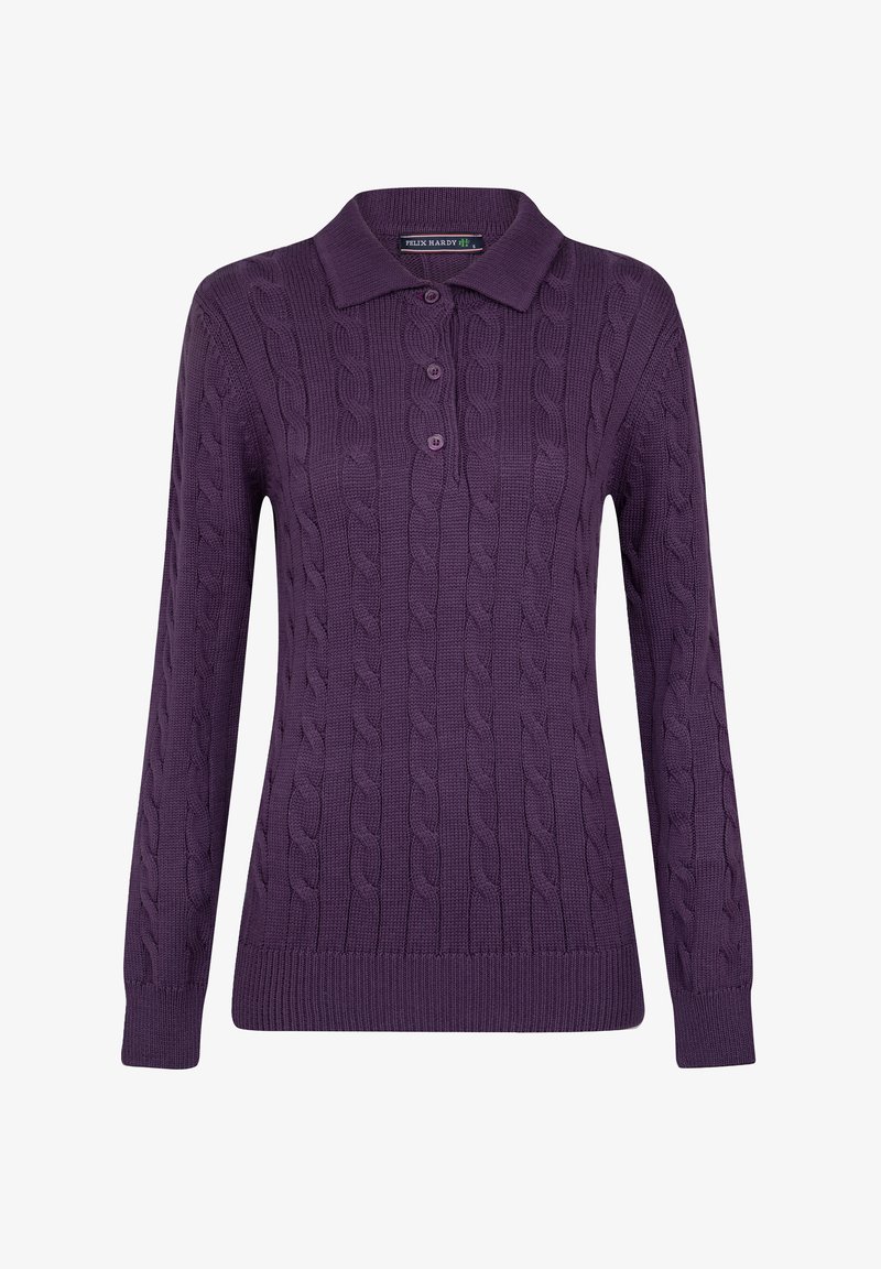 Lila Kabelstrickpullover mit Kragen, drei Knöpfen und langen Ärmeln. Verfügt über ein strukturiertes Muster über das ganze Teil.