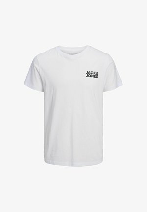 Tricou alb din bumbac, cu guler rotund, mâneci scurte și un logo negru "JACK & JONES" pe partea stângă a pieptului. Textură netedă.