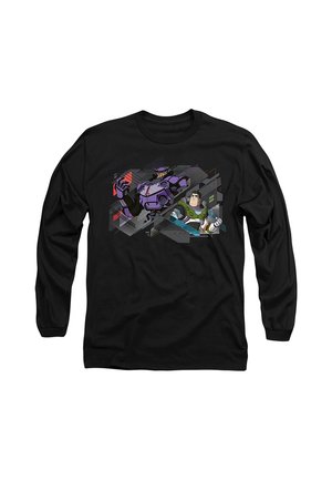 Schwarzes Langarmshirt mit einer Grafik von Buzz Lightyear und einem großen violetten Roboter aus einem Cartoon- oder Sci-Fi-Thema.