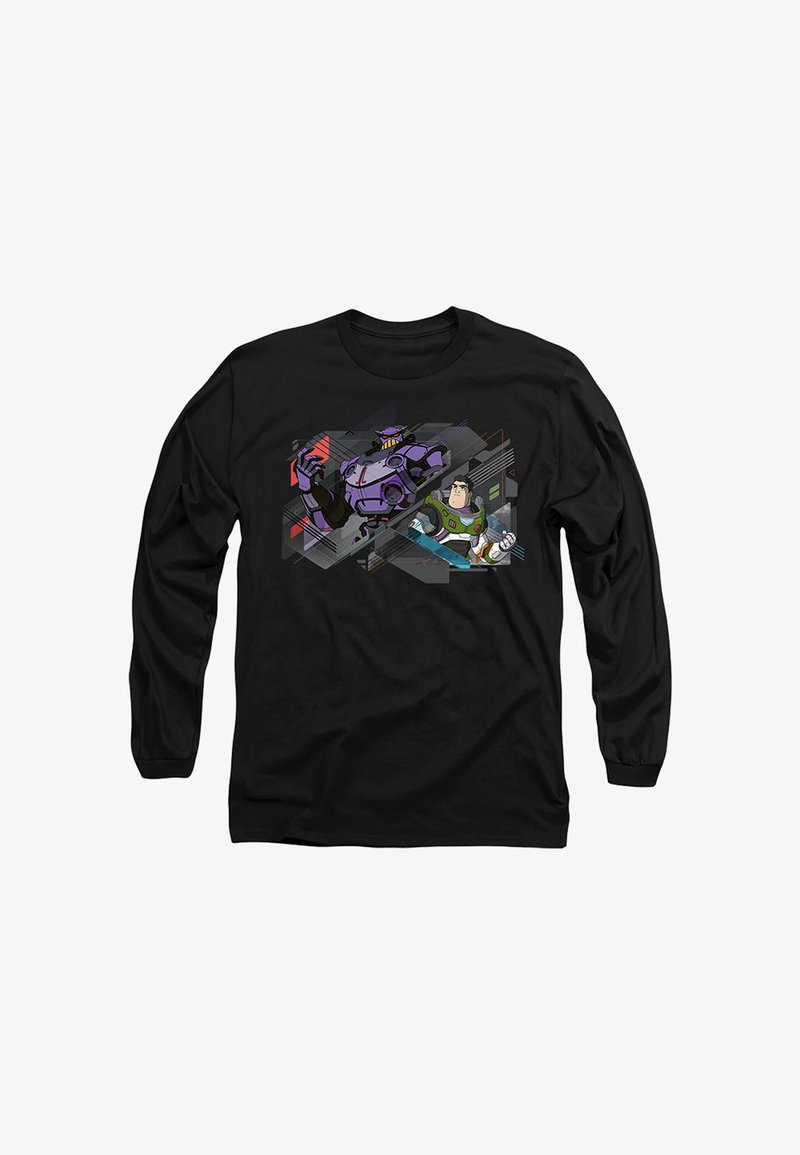Black long-sleeve shirt with a graphic of Buzz Lightyear and a large purple robot from a cartoon or sci-fi theme.