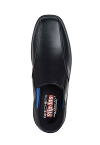 Schwarzer Leder-Slipper mit quadratischer Zehenform, gepolstertem Innensohle und blauen Akzenten an den Seiten, mit gesteppten Details im Obermaterial.