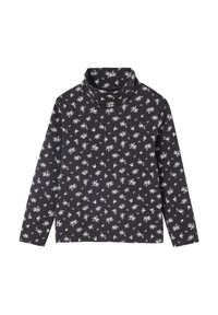 Schwarzes Langarm-Turtleneck-Shirt mit einem weißen Blumenmuster. Hergestellt aus weichem, dehnbarem Stoff mit einer gemütlichen Passform.