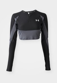 Black and gray long-sleeve cropped athletic top with a zippered neck, featuring a textured pattern and Under Armour logo on the chest.