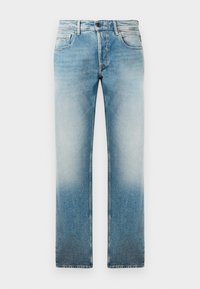 Jeans de mezclilla azul claro con un diseño de pierna recta, que presentan un lavado deslavado, cinco bolsillos y un cierre de botón en la cintura.