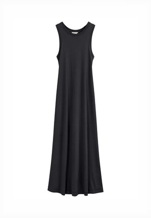 Zwarte maxi-jurk zonder mouwen met een ronde halslijn, met een eenvoudig, soepelvallend ontwerp zonder versieringen.