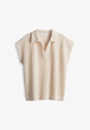 Lichtbeige gebreide polo-style top met korte mouwen, voorzien van een textuur met perforaties en een klassieke kraag.