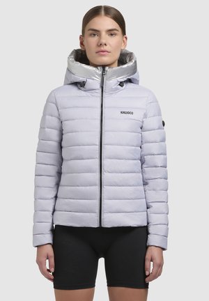 Light gray padded jacket with a shiny silver hood, front zipper, and black logo. Features horizontal stitching and a cropped design.