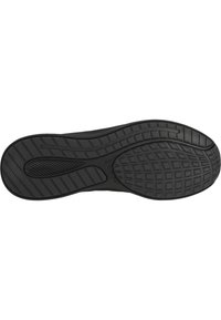 Svart sneakersula med ett texturerat mönster. Har gummimaterial, böjd form och räfflad design för grepp.