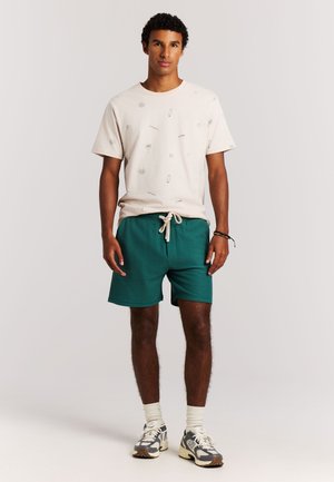 Jonge man staand, gekleed in een wit T-shirt met patroon, teal kleurige shorts met trekkoord, witte sokken en grijs-witte sneakers.