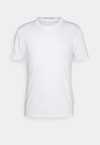 White cotton t-shirt, short sleeves, round neckline, minimalistic design, smooth texture, with a small logo tag on the side hem.