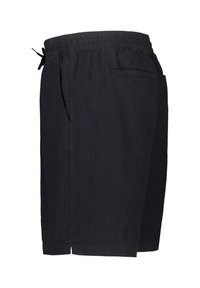 Black shorts with an elastic waistband, drawstring, side pockets, and a single back pocket, made of a lightweight, textured fabric.