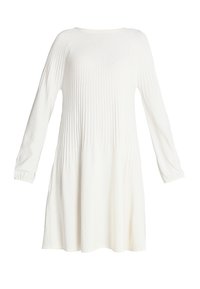 Weißes, langärmliges Kleid mit gerippter Textur, runder Ausschnitt und ausgestelltem Saum, aus leichtem Stoff gefertigt.