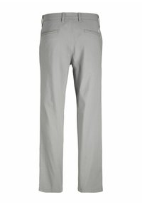 Graue Hose mit geradem Bein Design, aus Baumwollmischung. Verfügt über zwei hintere Taschen und eine glatte Textur.