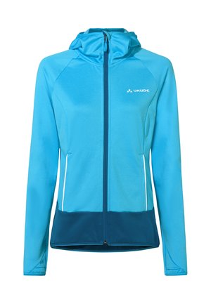 Blauer Kapuzenpullover mit durchgehendem Reißverschluss, dunklerem blauen Saum, zwei vorderen Reißverschlusstaschen und weißem Vaude-Logo auf der Brust, entworfen für Outdoor-Aktivitäten.
