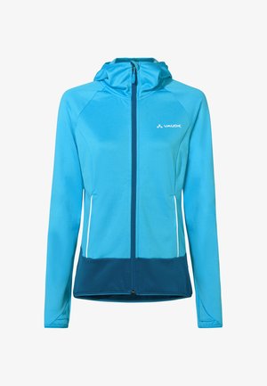 Blauer Kapuzenpullover mit durchgehendem Reißverschluss, dunklerem blauen Saum, zwei vorderen Reißverschlusstaschen und weißem Vaude-Logo auf der Brust, entworfen für Outdoor-Aktivitäten.