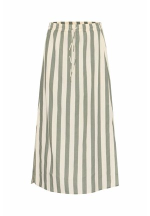 Pruhovaná sukně v zelené a světlobéžové barvě, vyrobená z lehkého materiálu. Má elastický pas a detail s vázáním.