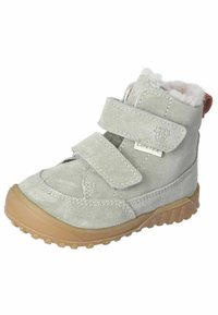 Hellgraue Wildleder-Stiefelette mit zwei Klettverschlüssen, Gummisohle, gepolstertem Kragen und weicher Innenausstattung; mit Logodetail an der Seite.