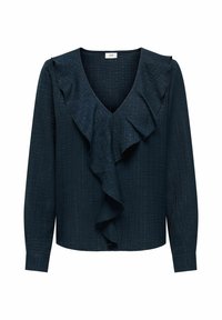 Donkerblauwe blouse met lange mouwen en een diepe V-hals, met een grote ruches aan de voorkant. Textuurstof met subtiele metallic draden.