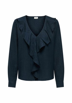 Blusa de manga larga azul oscuro con un profundo escote en V y un gran volante en el frente. Tela texturizada con hilos metálicos sutiles.