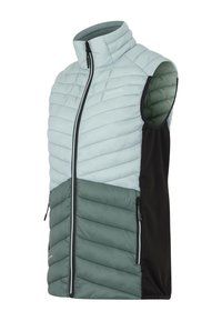 Veste matelassée sans manches avec le haut bleu clair, le bas avant vert foncé, des panneaux latéraux noirs, et une fermeture éclair frontale.