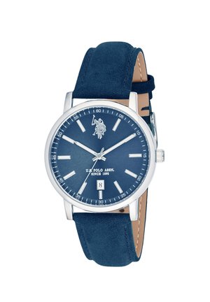 Orologio da polso con quadrante blu, indici argentati, datario a ore 6, cassa in argento e cinturino in camoscio blu, marca U.S. Polo Assn.