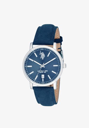 Orologio da polso con quadrante blu, indici argentati, datario a ore 6, cassa in argento e cinturino in camoscio blu, marca U.S. Polo Assn.