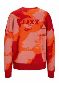 Red and orange patterned knitted sweater with a round neck, featuring a prominent logo "JJXX" and ribbed cuffs and hem.
