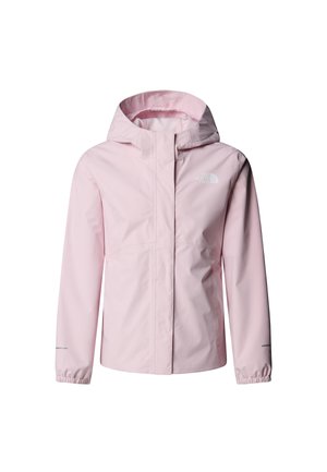 Růžová nepromokavá bunda s kapucí, předním zipem, elastickými manžetami a reflexními prvky. Vyrobena z hladkého, lehkého materiálu.
