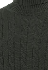 Maglione lavorato a maglia verde scuro con colletto alto, texture a coste e design a treccia. Tessuto morbido di peso medio con una finitura liscia.