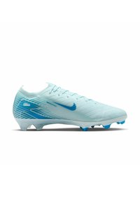 Light blue soccer cleat with mesh upper, textured surface, blue accents, and six short, blue studs on the sole for traction.