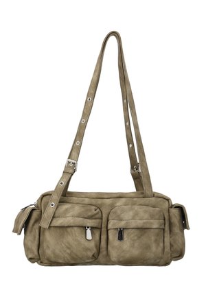 Olíva zöld válltáska két első cipzáras zsebbel és két oldalsó fedeles zsebbel, állítható pánttal, fém szemekkel.