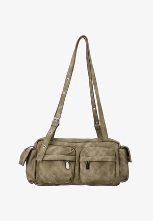 Olivgrüne Umhängetasche mit zwei vorderen Reißverschlusstaschen und zwei seitlichen Klappentaschen, ausgestattet mit einem verstellbaren Riemen mit Metallösen.