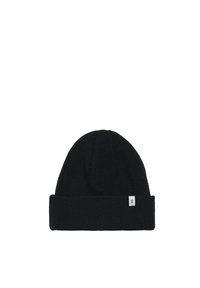 Bonnet en tricot noir avec un revers, fabriqué en matériau doux. Présente une petite étiquette blanche à l'avant avec un logo. Design texturé.