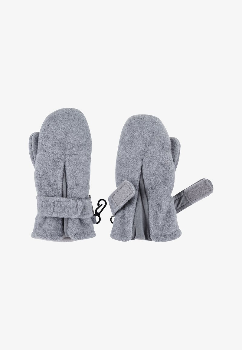 Graue Fleece-Handschuhe mit Daumendesign, verstellbaren Handgelenkstraps und einem Clip zur Sicherung. Weicher Textur mit einheitlichem Finish.