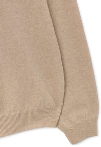 Maglione in cashmere color beige con una consistenza morbida, caratterizzato da una scollatura rotonda e polsini a coste. Il tessuto appare leggero e liscio.