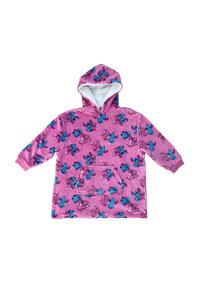 Felpa rosa con cappuccio e fodera bianca pelosa. Presenta una tasca e un motivo di fiori blu e viola. Maniche lunghe e vestibilità comoda.