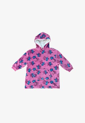 Roze, capuchon sweatshirt met een pluizige witte voering. Heeft een zak en een patroon van blauwe en paarse bloemen. Lange mouwen en een ontspannen pasvorm.