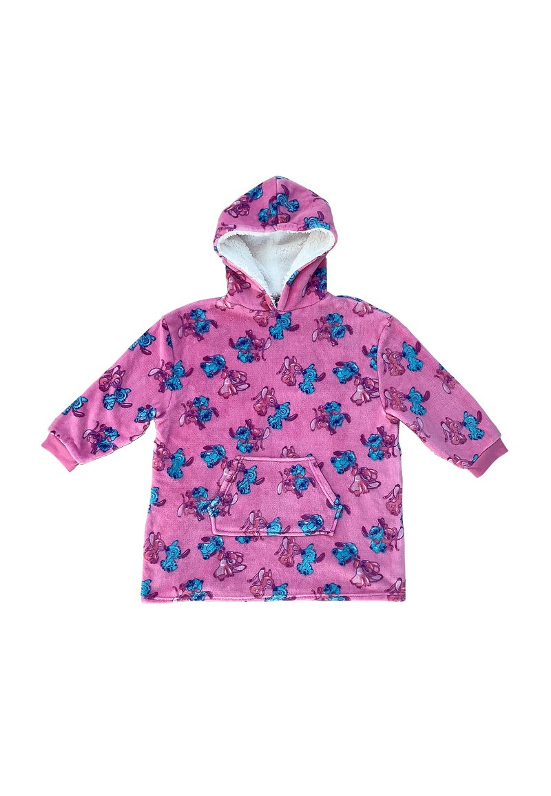 Felpa rosa con cappuccio e fodera bianca pelosa. Presenta una tasca e un motivo di fiori blu e viola. Maniche lunghe e vestibilità comoda.