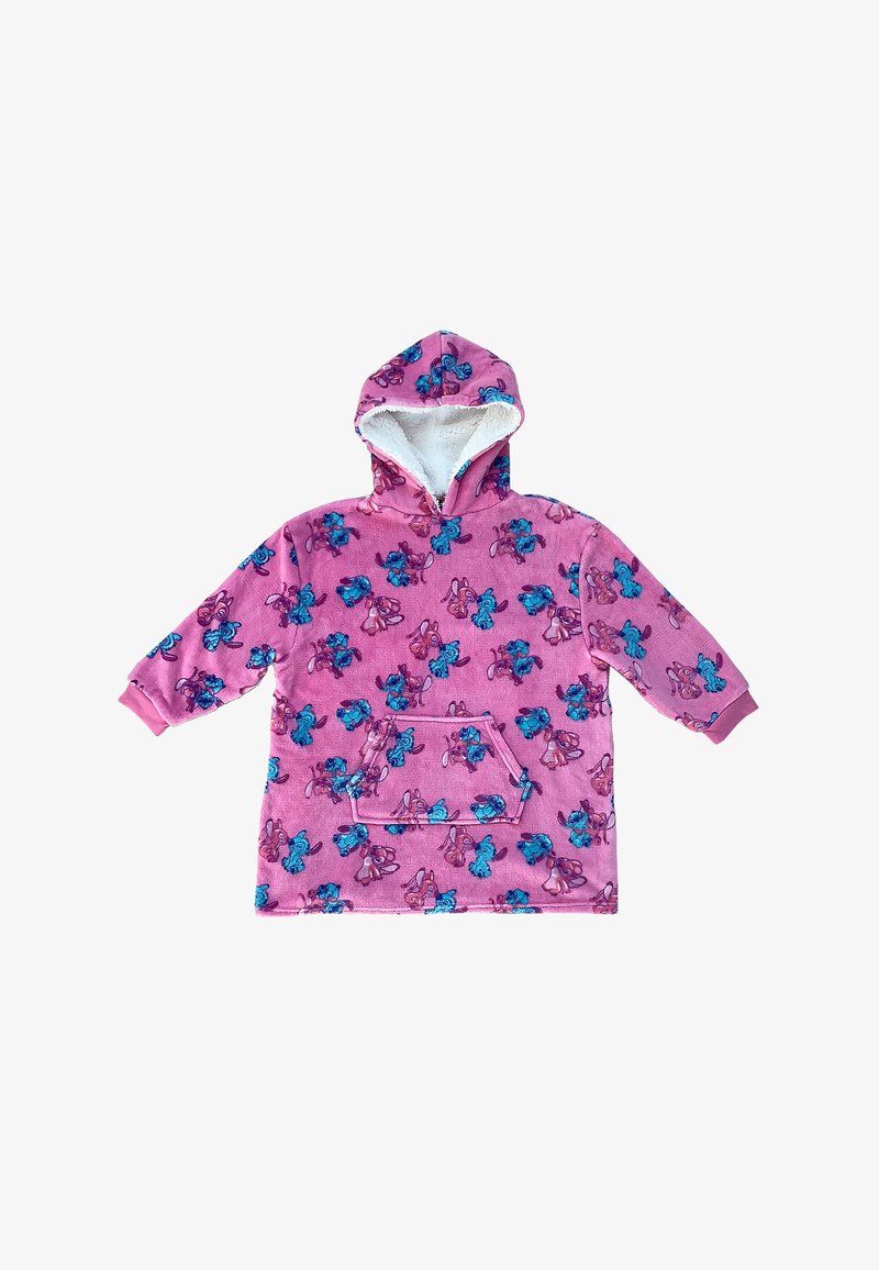 Felpa rosa con cappuccio e fodera bianca pelosa. Presenta una tasca e un motivo di fiori blu e viola. Maniche lunghe e vestibilità comoda.