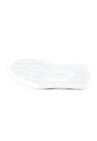Semelle de chaussure, majoritairement blanche, dotée d'un caoutchouc texturé avec des motifs géométriques et des rainures pour l'adhérence, créant un design épuré et plat.