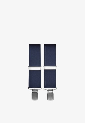 Mørkeblå seler lavet af tekstureret stof, med sølvfarvede metalclips og en glat sølvaccent i midten.