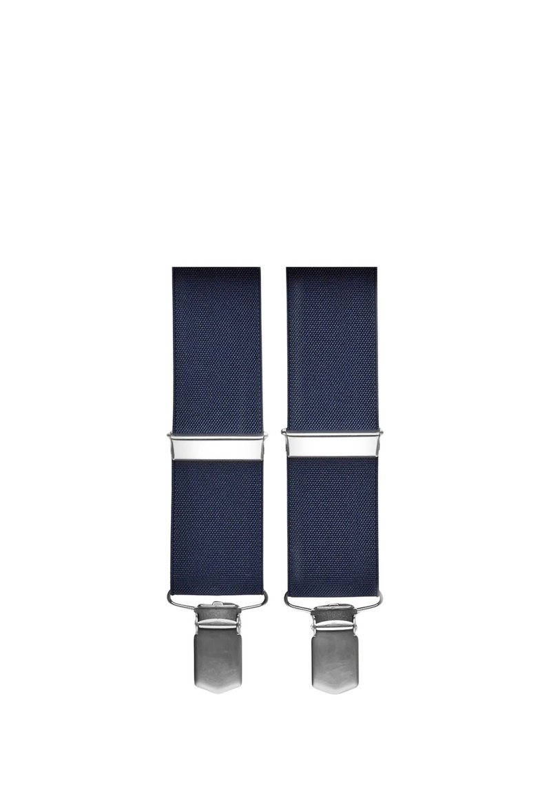 Tummansinisiä hakeita, jotka on valmistettu tekstuurikankaasta, ja joissa on hopeanväriset metalliset klipsit sekä sileä hopeanvärinen akcentti keskellä.