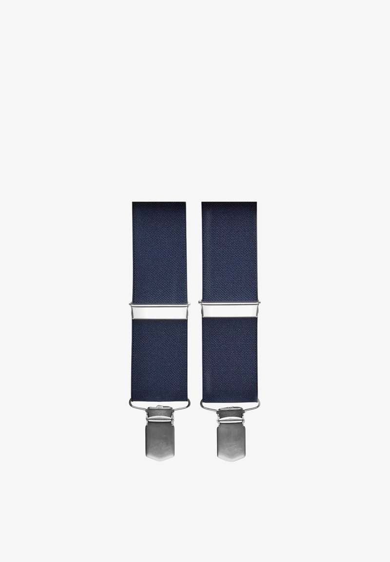 Mörkblå hängslen i texturerad tyg, med silvermetallklipp och en slät silverdetalj i mitten.