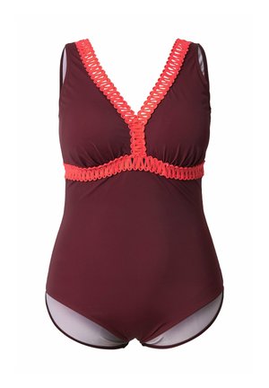 Einteiliger Badeanzug in dunklem Weinrot mit hellkorallfarbiger Zierkante entlang des Ausschnitts und unter der Brust, mit tiefem V-Ausschnitt und breiten Trägern.