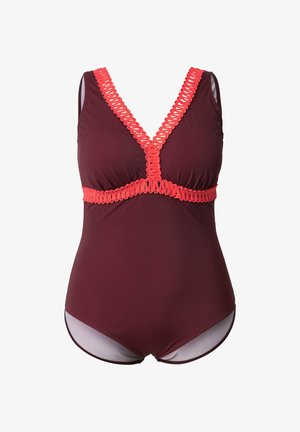 Einteiliger Badeanzug in dunklem Weinrot mit hellkorallfarbiger Zierkante entlang des Ausschnitts und unter der Brust, mit tiefem V-Ausschnitt und breiten Trägern.