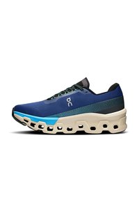 Blue and teal athletic shoe with mesh upper, cushioned base, and unique sole design featuring hexagonal cutouts. Secure lace system.
