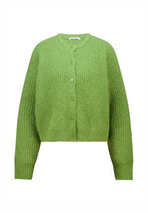 Green knitted cardigan with a round neckline, long sleeves, and five buttons down the front. Textured fabric with a soft appearance.